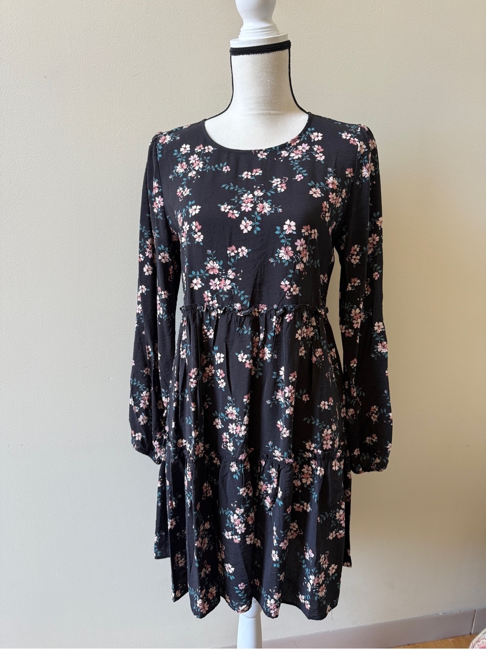 Black Floral Long Sleeve Tiered Mini Dress